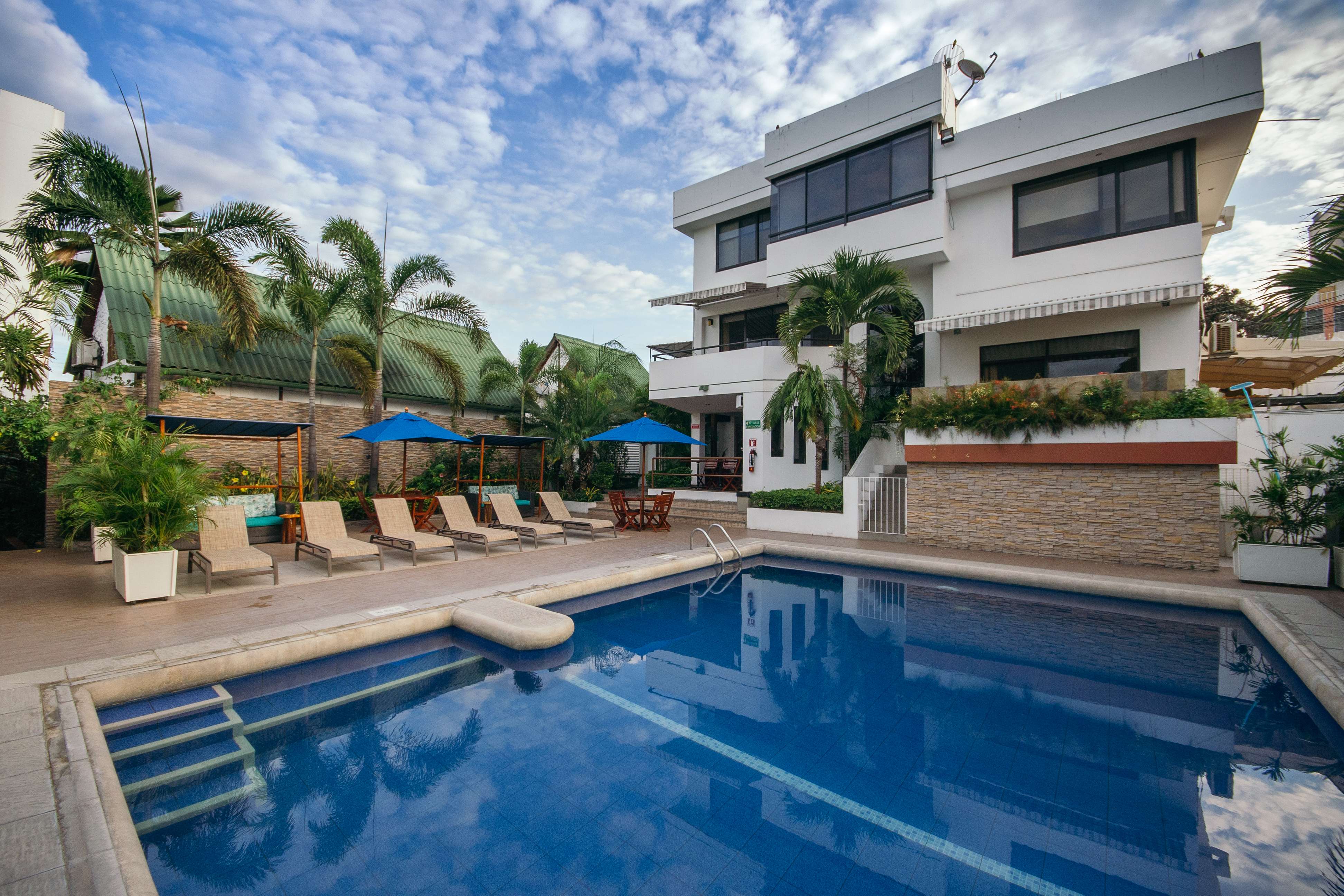 Piscina del hotel con tumbonas, sombrillas y palmeras